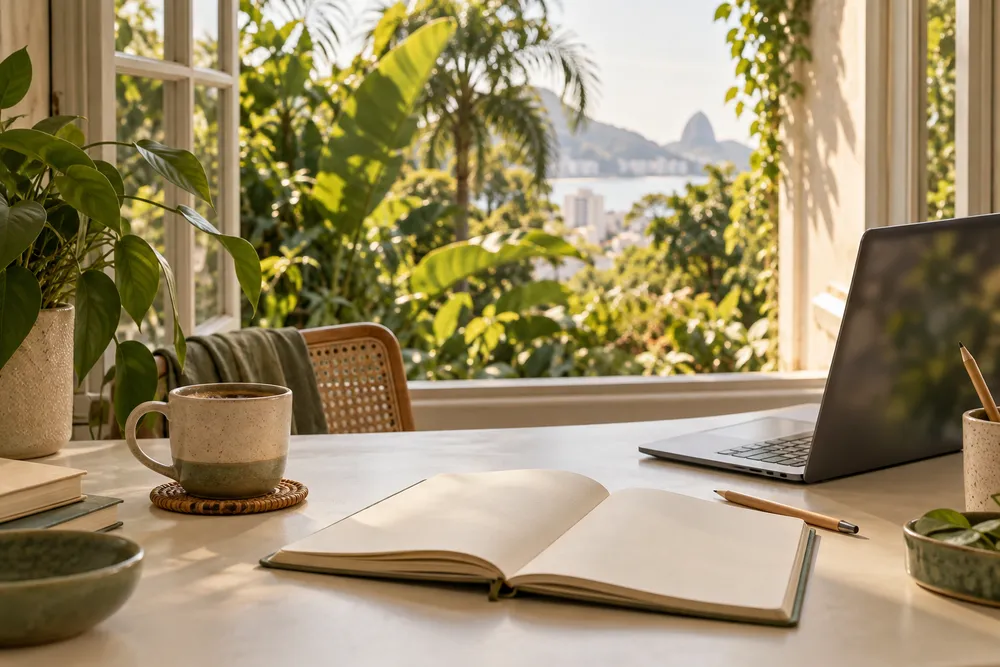 Cena ilustrativa de uma mesa com caderno, café e janela para um jardim tropical.